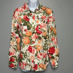 Talbots Pink Orange Rose Colorful Floral Career Office Button-Up Womens Sz 10